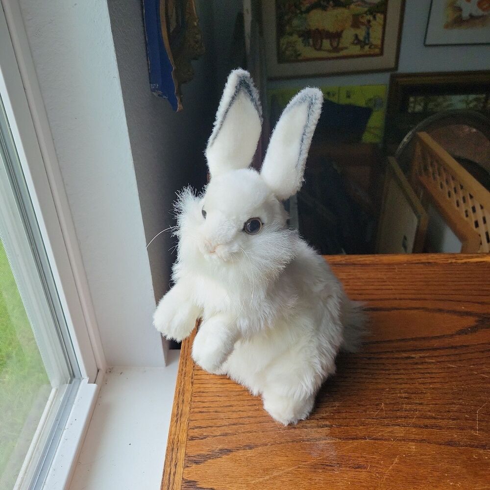 Hansa Rabbit-Baby White Standing Plush Toy 13" 2010' Life Like Realistic Hopping